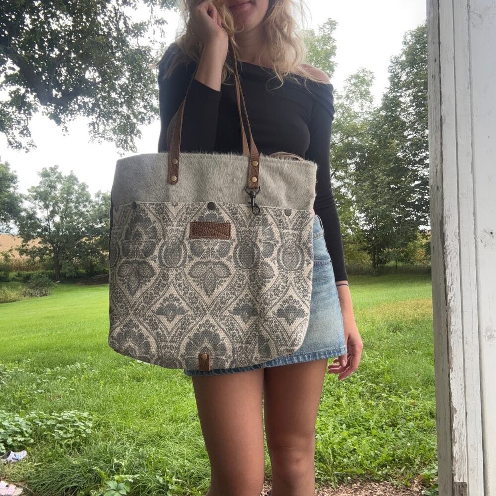 Myra Bag Captivate Tote Upcycled Canvas Cowhide Hairon Leather Western Bag